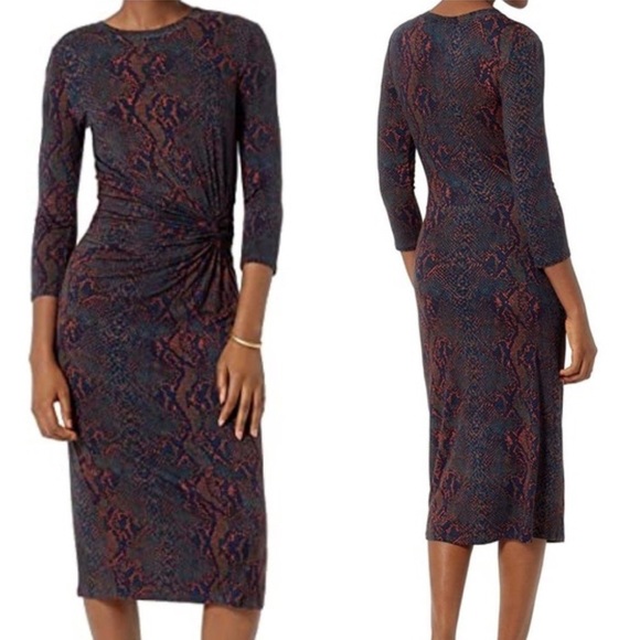 Joie Meika Printed Midi Sheath Dress Peacock Snakeskin Size large 3/4 Sleeve - Picture 1 of 6